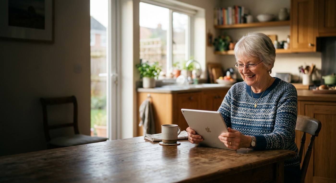 An older woman smiling at a tablet at her kitchen table